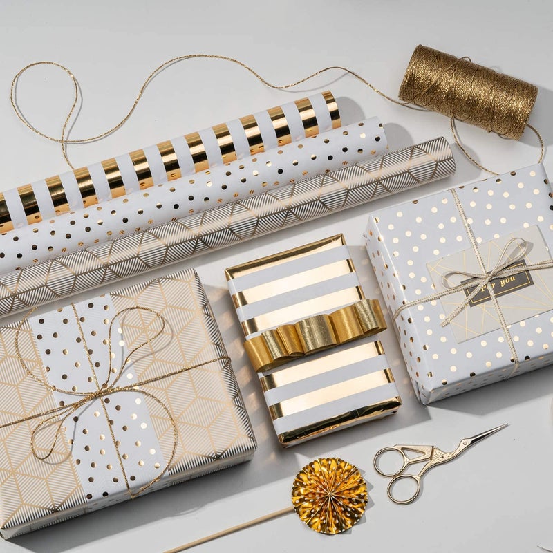 MAYPLUSS Birthday Wrapping Paper Roll - Mini Roll - 17 inch x 120 inch Per roll - White & Gold Foil Design (42.3 sq.ft.ttl) - Image 4