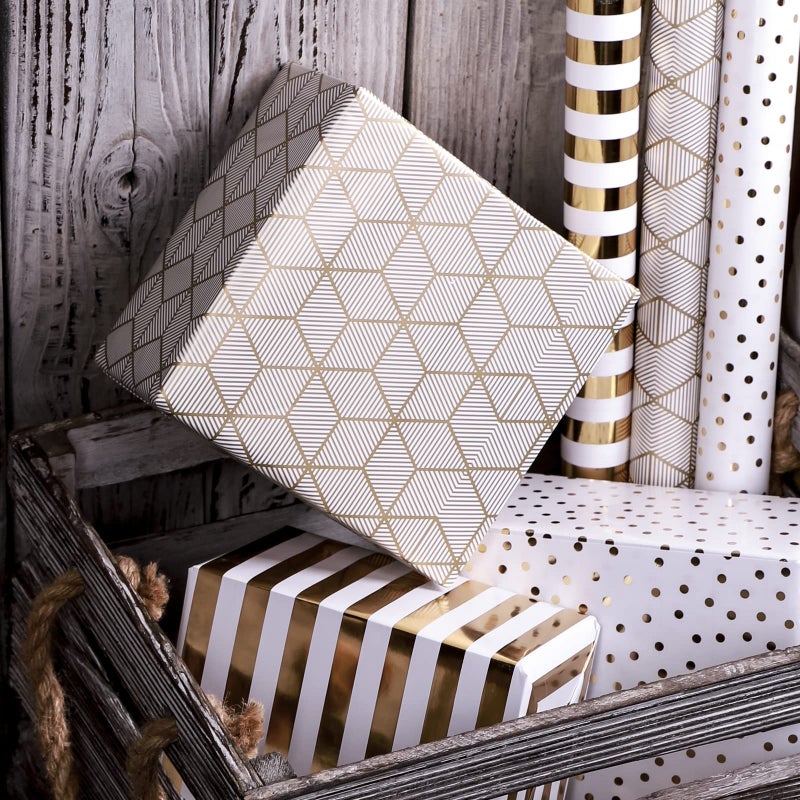 MAYPLUSS Birthday Wrapping Paper Roll - Mini Roll - 17 inch x 120 inch Per roll - White & Gold Foil Design (42.3 sq.ft.ttl) - Image 5