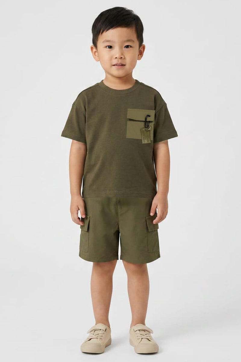 Fudo Toddlers Boy 3 Pieces Graphic Print T-Shirt And Shorts With Detachable Keyring, Olive - Image 1