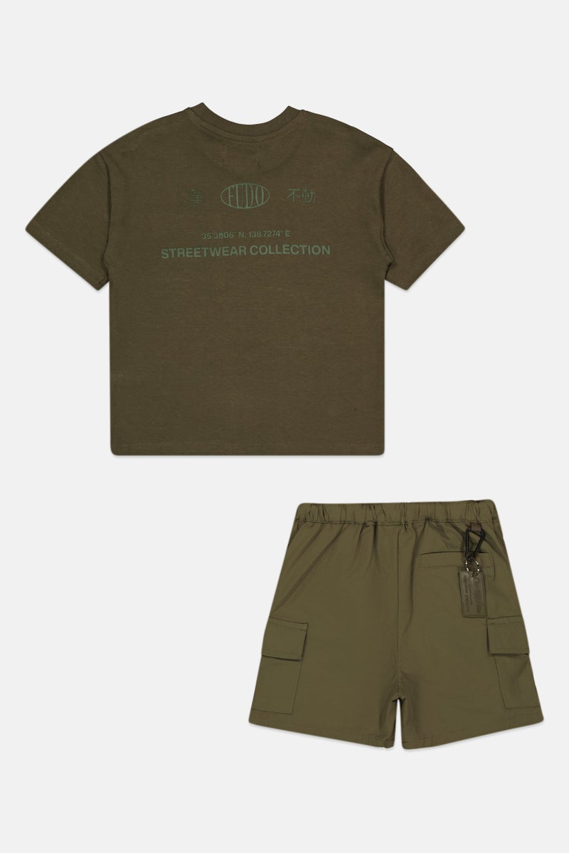 Fudo Toddlers Boy 3 Pieces Graphic Print T-Shirt And Shorts With Detachable Keyring, Olive - Image 3