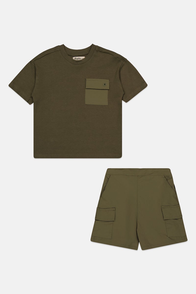 Fudo Toddlers Boy 3 Pieces Graphic Print T-Shirt And Shorts With Detachable Keyring, Olive - Image 2