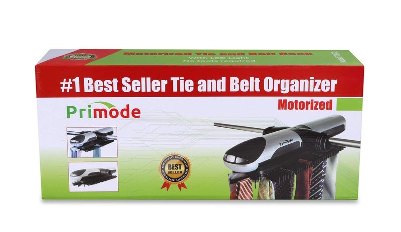 Primode Motorized Tie Rack Closet Organizer with LED Lights Includes J Hooks for Wired Shelving Stores Up to 72 Ties & 8 Belts Operates with Batteries - Image 3