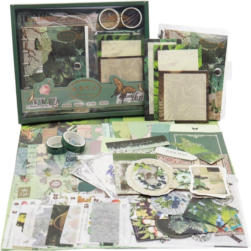 GLADBACK (346Pcs) Paper Junk Journal & Scrapbook Kit with Creative Decor Journaling Supplies, Stationery, Stickers, A6 Grid Notebook with Graph Ruled Page Gift for Girl (Green butterfly Scrapbook) - Image 1