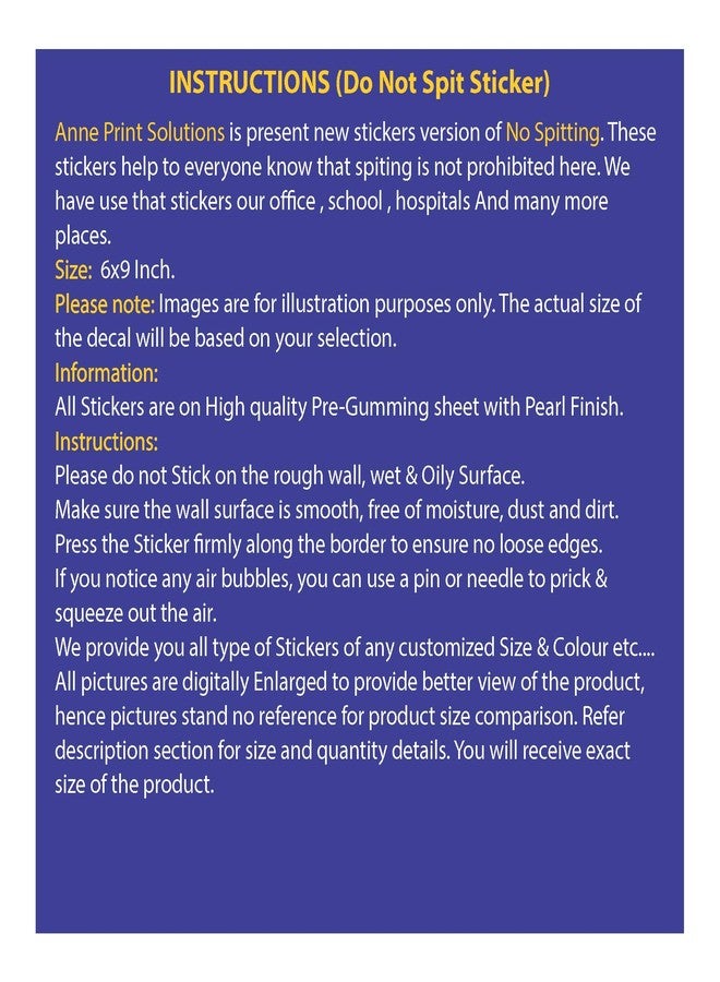 Anne Print Solutions ملصقات "ممنوع البصق" من آن برينت سوليوشنز®، باللغتين الهندية والإنجليزية، مصنوعة من الفينيل ذاتي اللصق، عبوة من 4 ملصقات، مقاس 6 × 9 بوصة*، متعددة الألوان - Image 5