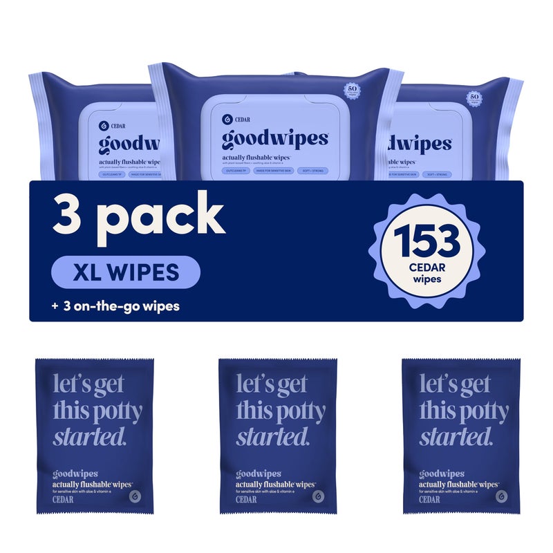 Goodwipes Flushable Butt Wipes - Vitamin E & Aloe - Sewer & Septic Safe - Extra Large Adult Wet Wipes For Women & Men - Bathroom Essentials - Cedar  153 Count (3 Packs + 3 Individually Wrapped) - Image 1