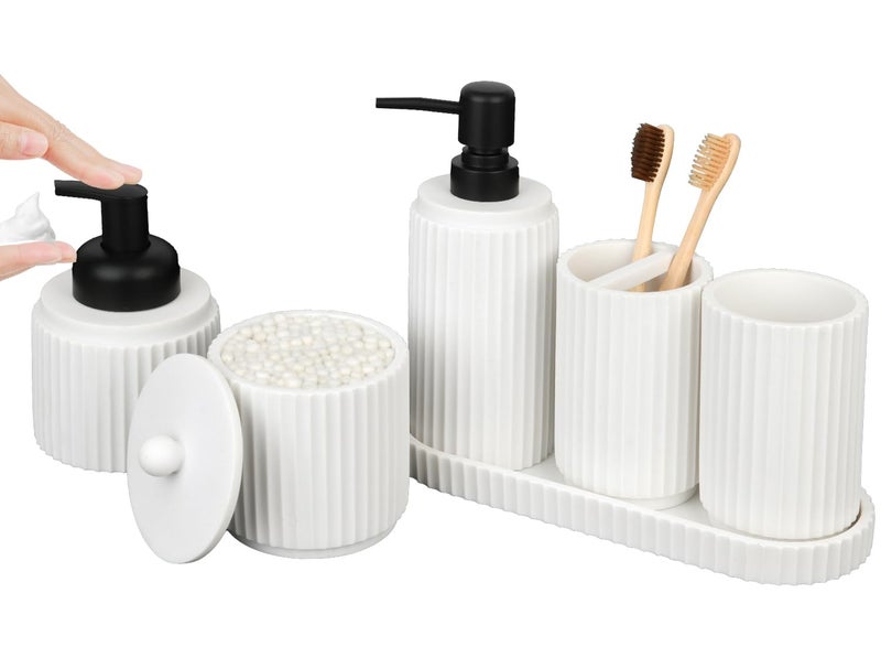 White Bathroom Accessory Set  6 Pcs Toothbrush Holder Lotion  Foaming Soap Dispensers Qtip Holder Vanity Tray Bathroom Tumbler Countertop Organizer