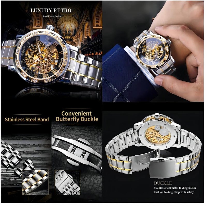 SYOSI Luxury Men's Automatic Mechanical Watch, Waterproof Stainless Steel Self-Winding Timepiece with Roman Numerals and Diamond Dial, Classic Business Style Wristwatch - Image 5