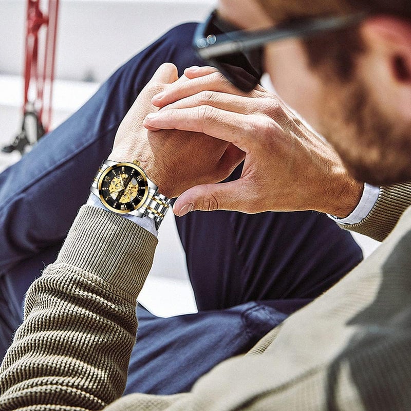 SYOSI Luxury Men's Automatic Mechanical Watch, Waterproof Stainless Steel Self-Winding Timepiece with Roman Numerals and Diamond Dial, Classic Business Style Wristwatch - Image 3