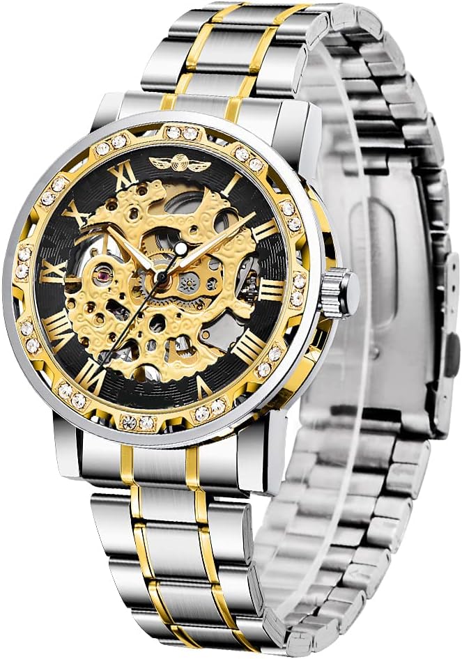 SYOSI Luxury Men's Automatic Mechanical Watch, Waterproof Stainless Steel Self-Winding Timepiece with Roman Numerals and Diamond Dial, Classic Business Style Wristwatch - Image 1