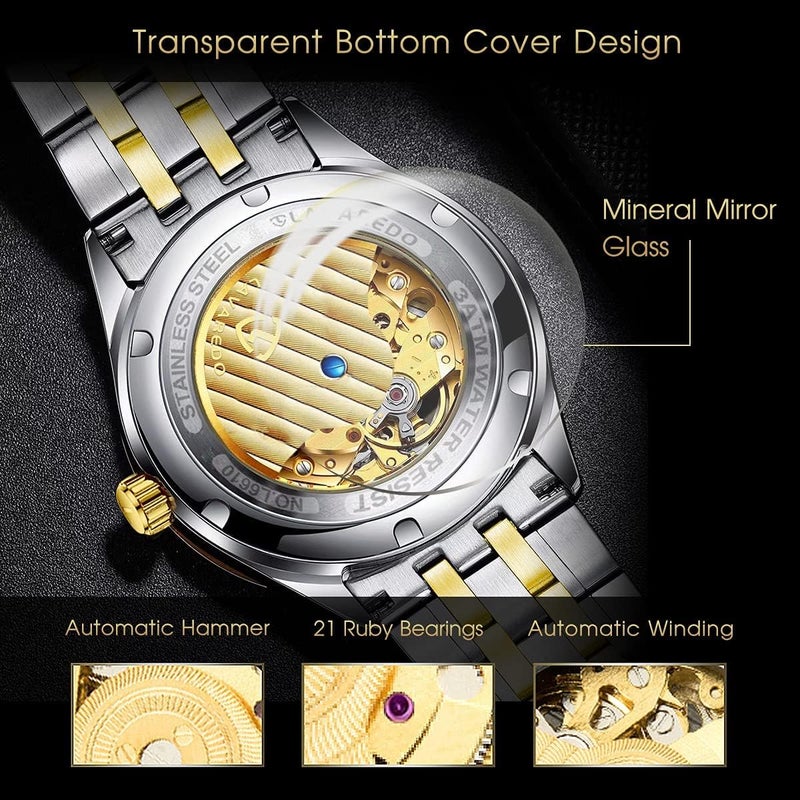 SYOSI Luxury Men's Automatic Mechanical Watch, Waterproof Stainless Steel Self-Winding Timepiece with Roman Numerals and Diamond Dial, Classic Business Style Wristwatch - Image 4