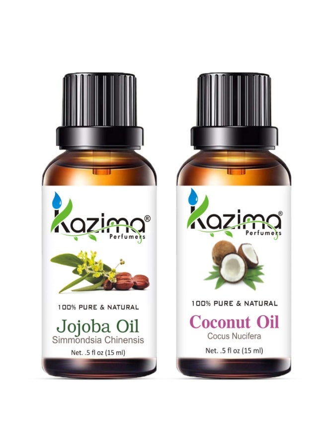 KAZIMA Combo of Jojoba Oil and Coconut Oil - 100% Pure Cold Pressed Carrier Oil for Acne, Wrinkles, Skin Brightening, Moisturizing & Hair Growth, 15 ml each - Image 1
