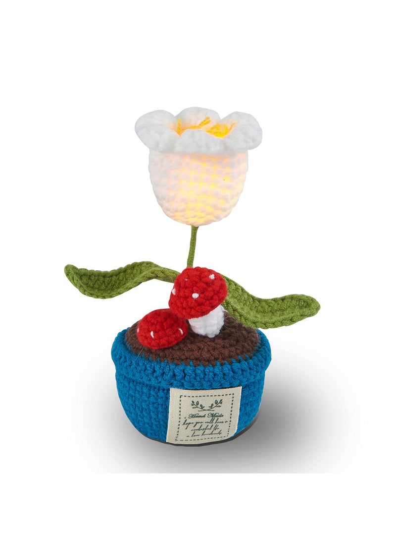NIBEMINENT SYOSI Lily of The Valley Flowers Crochet Pot with Night Light Finished Hand Woven Knitted Flower Lights Handmade Bouquet Decoration for Bedroom Home Office  - Image 1