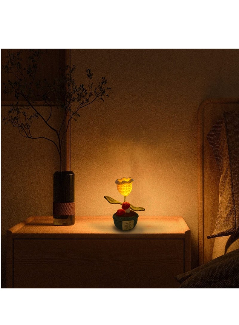 NIBEMINENT SYOSI Lily of The Valley Flowers Crochet Pot with Night Light Finished Hand Woven Knitted Flower Lights Handmade Bouquet Decoration for Bedroom Home Office  - Image 2