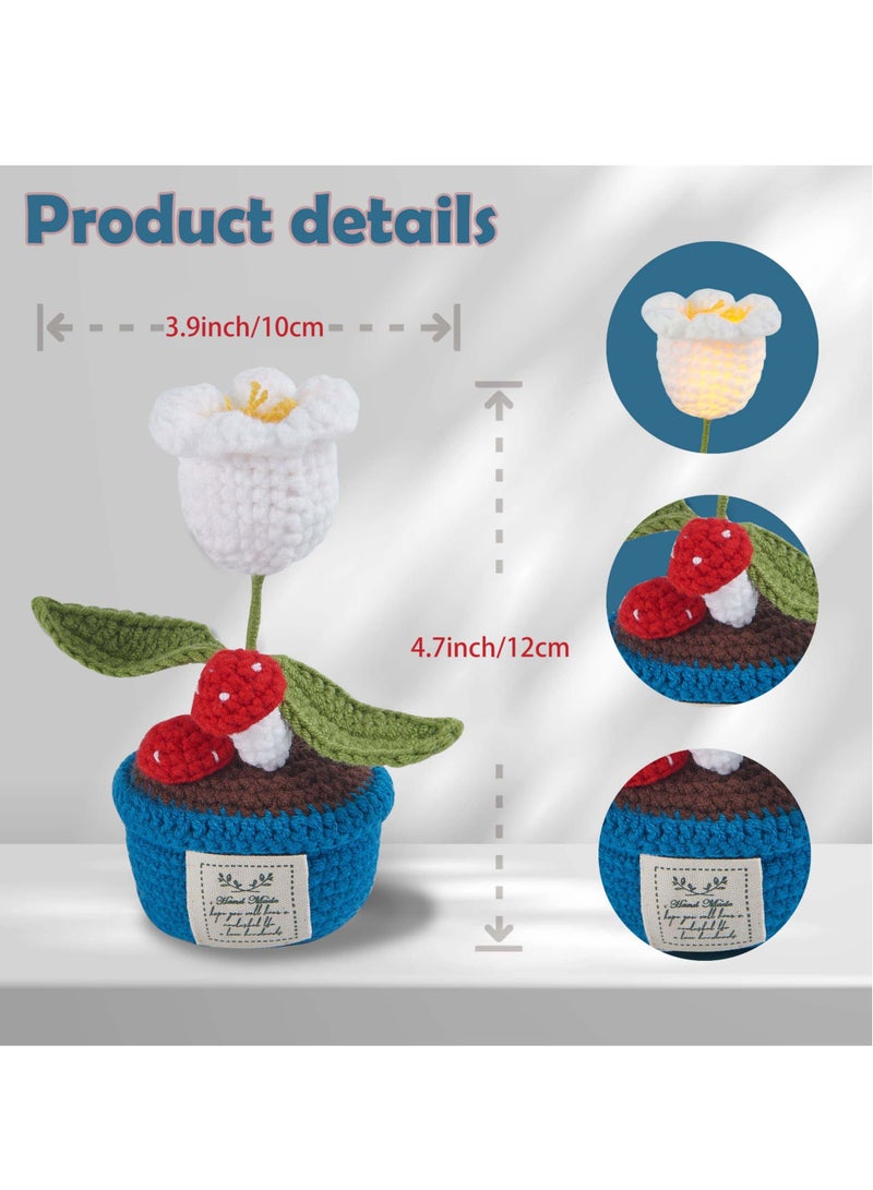 NIBEMINENT SYOSI Lily of The Valley Flowers Crochet Pot with Night Light Finished Hand Woven Knitted Flower Lights Handmade Bouquet Decoration for Bedroom Home Office  - Image 3