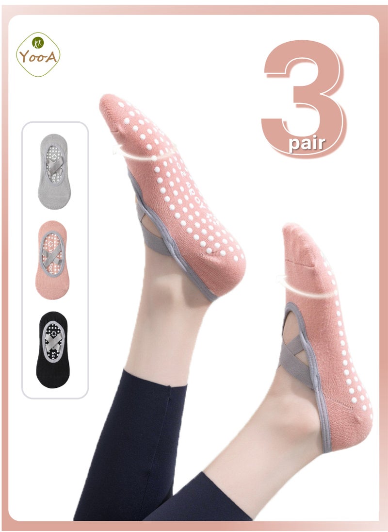 YooA 3-Pair Non-slip Yoga Socks, Cotton Pilates Socks with Straps, Breathable&Moisture-wicking&Machine-washable, Ideal for Yoga/Pilates/Ballet/Dance/Workout (Pink+Black+Grey)  - Image 1