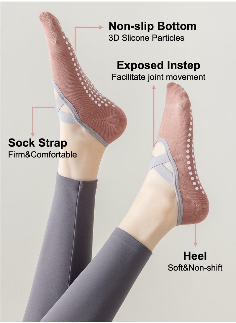YooA 3-Pair Non-slip Yoga Socks, Cotton Pilates Socks with Straps, Breathable&Moisture-wicking&Machine-washable, Ideal for Yoga/Pilates/Ballet/Dance/Workout (Pink+Black+Grey)  - Image 2