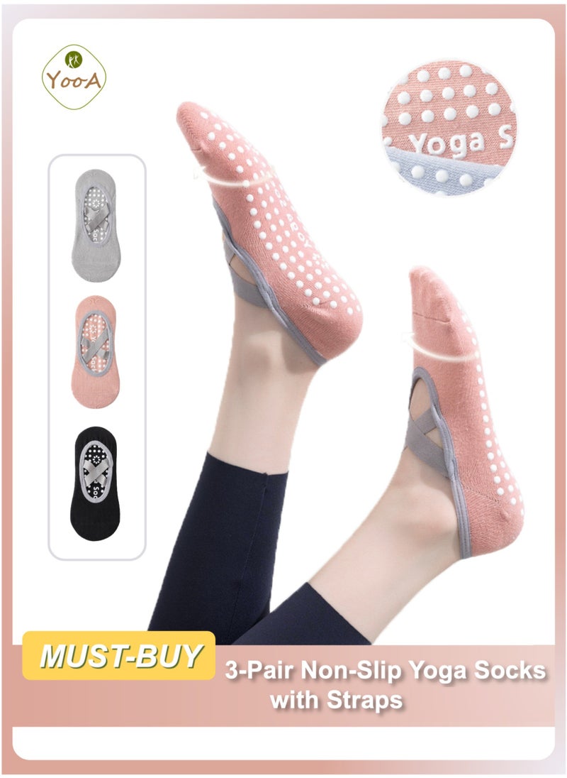 YooA 3-Pair Non-slip Yoga Socks, Cotton Pilates Socks with Straps, Breathable&Moisture-wicking&Machine-washable, Ideal for Yoga/Pilates/Ballet/Dance/Workout (Pink+Black+Grey)  - Image 1