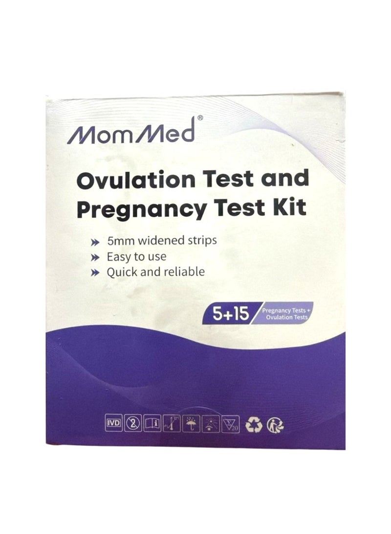 MomMed 15 شريط اختبار الإباضة و5 شرائط اختبار الحمل، مجموعة اختبارات الحمل ومجموعة توقع الإباضة، تتبع الإباضة بدقة واكتشف الحمل المبكر - Image 1