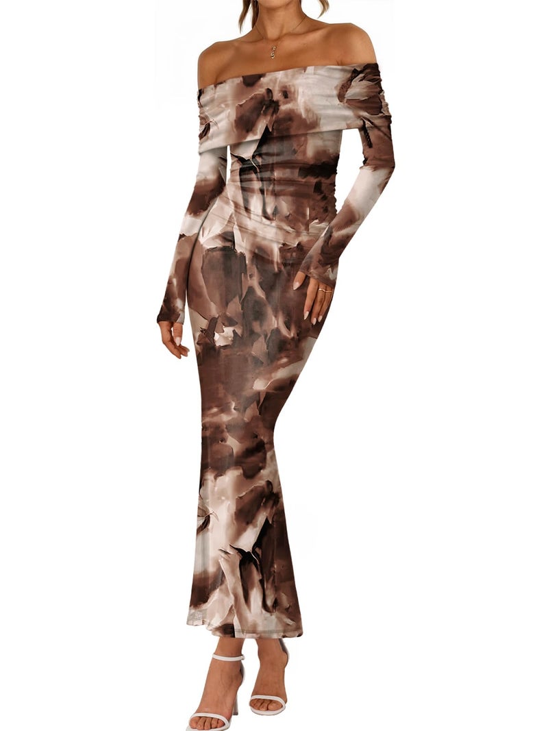 LILLUSORY Wedding Guest Off The Shoulder Holiday Dresses for Women 2026 Spring Fall Winter Bodycon Floral Long Sleeve Maxi Cocktail Going Out Party Formal Dresses Coffee S - Image 1