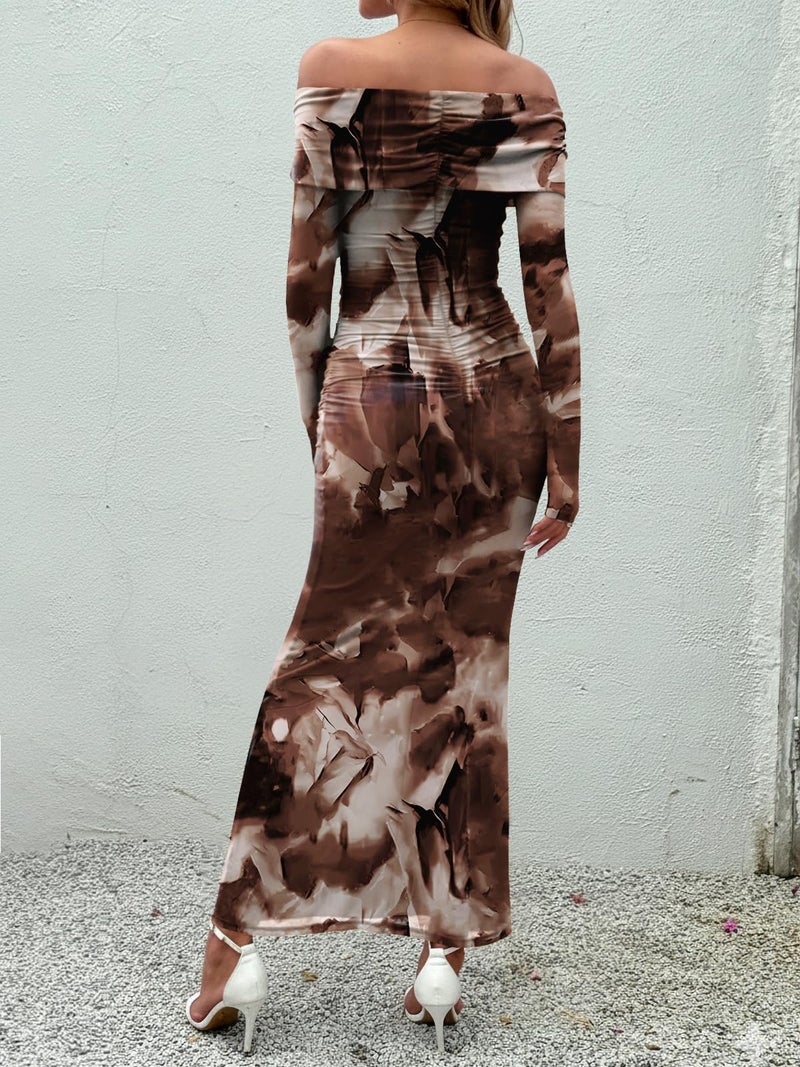 LILLUSORY Wedding Guest Off The Shoulder Holiday Dresses for Women 2026 Spring Fall Winter Bodycon Floral Long Sleeve Maxi Cocktail Going Out Party Formal Dresses Coffee S - Image 4