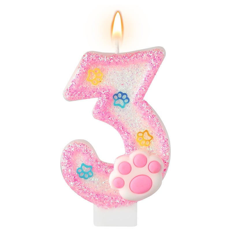 AKURIEEY Dog and Cat 3rd Birthday Candle Pink Numbers 3 Candle Paw Cake Topper Cupcake Decorations for Pet Theme Party Decor Anniversary Celebrations Supplies - Image 1