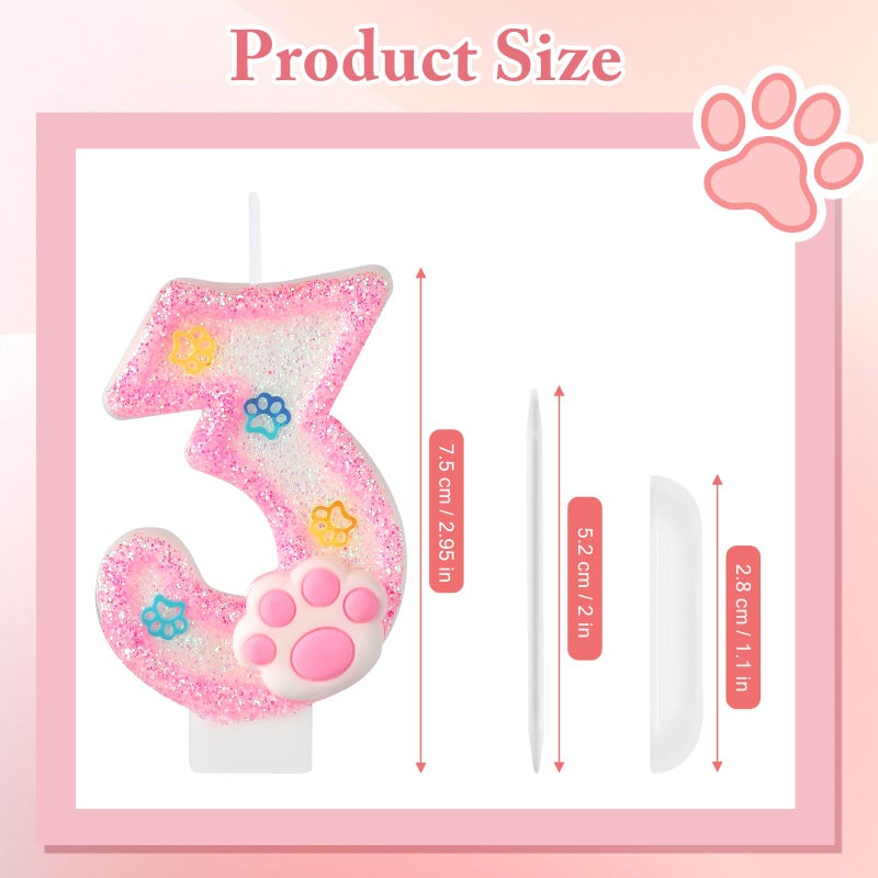 AKURIEEY Dog and Cat 3rd Birthday Candle Pink Numbers 3 Candle Paw Cake Topper Cupcake Decorations for Pet Theme Party Decor Anniversary Celebrations Supplies - Image 3