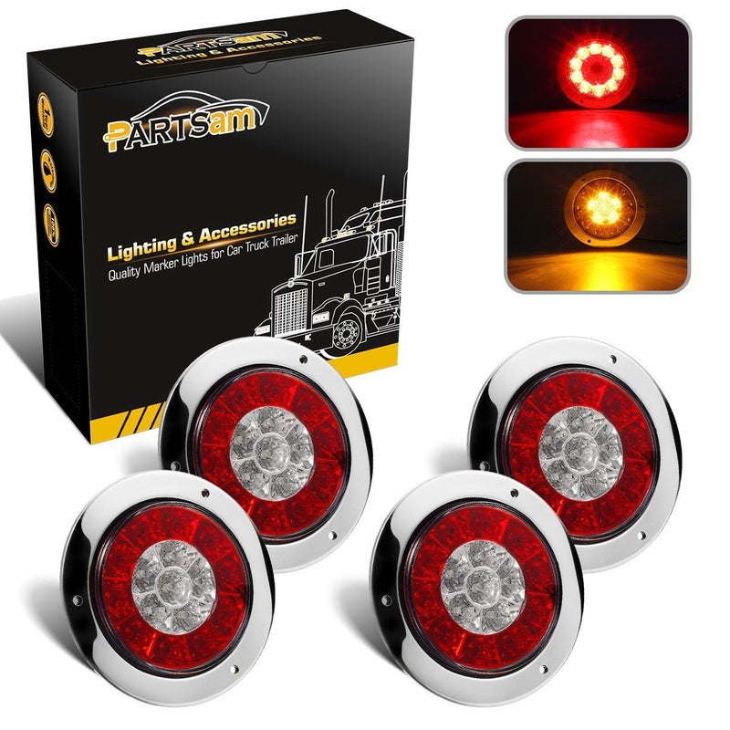 Partsam 4 Inch Round Led Trailer Taillights Stop Brake Lights Running Red and Amber Parking and Turn Signal Lights Sealed Double Color Round Led Lights wStainless Steel Rings Flange Mount 4Pack