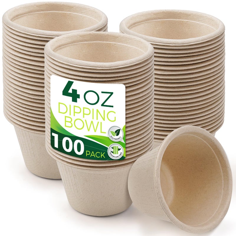 BIRCHIO 4oz Disposable Paper Bowls [100-Pack], Sturdy Small/Mini Paper Cups, Perfect for Dip Sauce, Tasting and Snacks, 100% Compostable Sample Cups - Image 1