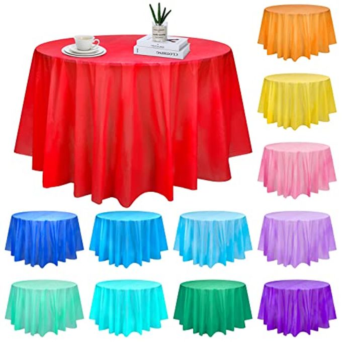 Frienda 12 Pack Assorted Color Round Tablecloth 84 Inch Plastic Tablecloths Disposable Plastic Cloths for Birthday, Weddings, Party, Fiesta Party, Event, Photography, Table Cover
