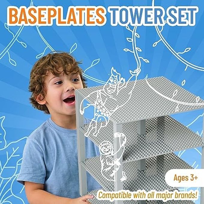 Strictly Briks Baseplate Set Compatible with Lego, 10 x 10 inches 4 Baseplates with 30 Stackers, Stackable Baseplates Supports for Buildbing Bricks Blocks Custom Display Towers, Light Grey - Image 5