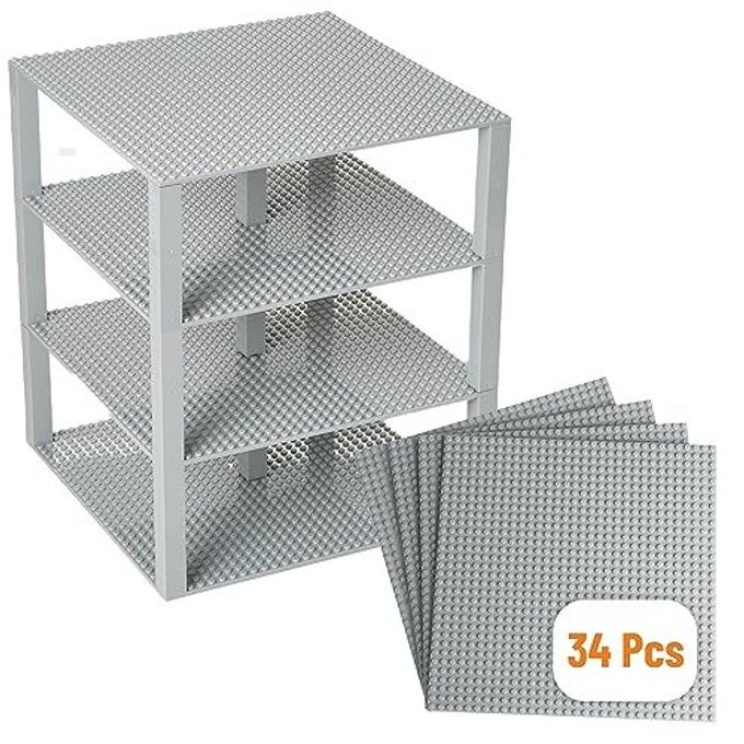 Strictly Briks Baseplate Set Compatible with Lego, 10 x 10 inches 4 Baseplates with 30 Stackers, Stackable Baseplates Supports for Buildbing Bricks Blocks Custom Display Towers, Light Grey - Image 1