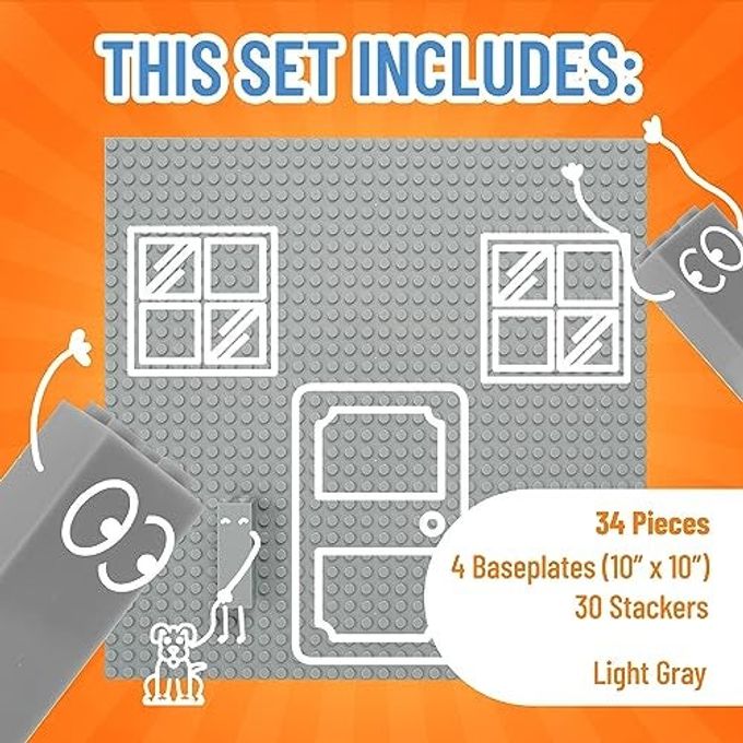 Strictly Briks Baseplate Set Compatible with Lego, 10 x 10 inches 4 Baseplates with 30 Stackers, Stackable Baseplates Supports for Buildbing Bricks Blocks Custom Display Towers, Light Grey - Image 3