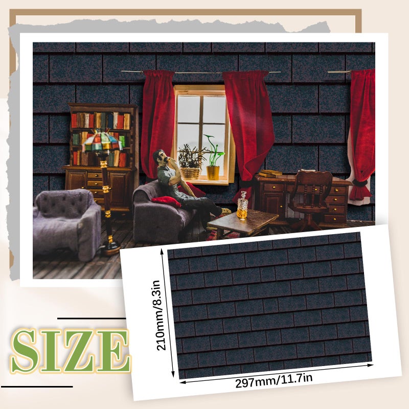 Flutesan 12 Pcs Miniature Dollhouse Wallpaper and Flooring Peel and Stick Mini DIY Self Adhesive Dollhouse Accessories 8.27 x 11.69 Inch (Roof Shingles Black Rectangular) - Image 2