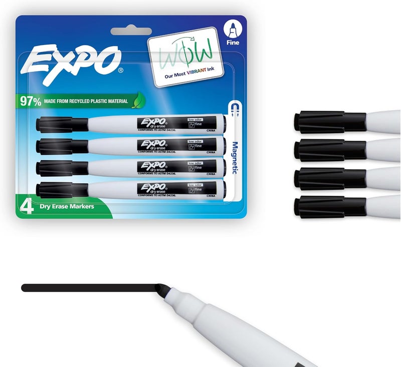 إكسبو أقلام Expo Magnetic Dry Erase مزودة بممحاة، طرف ناعم، لون أسود، عدد 4 قطع - Image 1