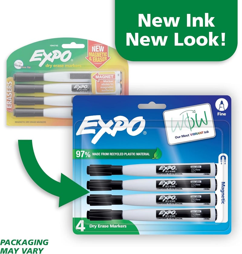 إكسبو أقلام Expo Magnetic Dry Erase مزودة بممحاة، طرف ناعم، لون أسود، عدد 4 قطع - Image 2