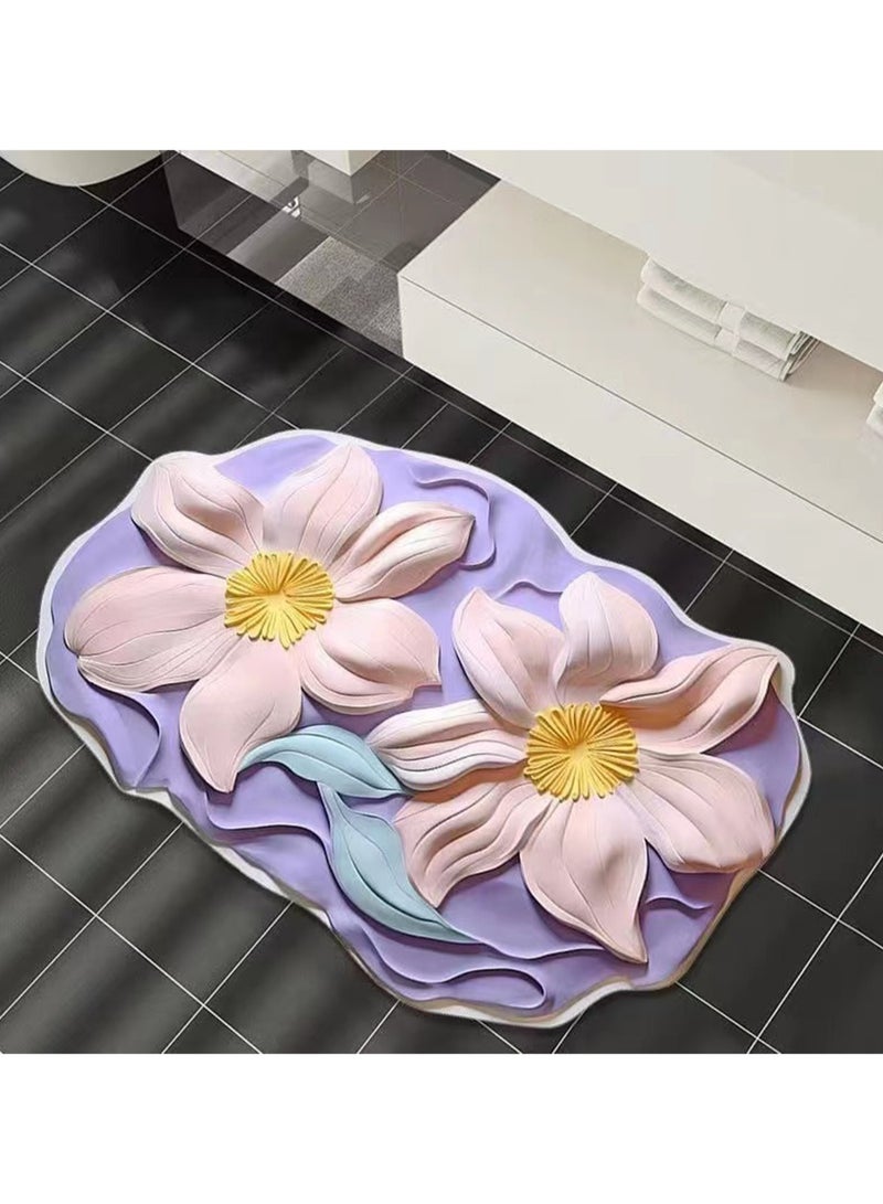 40x60cm3D Visual Flower Floor Mat Technology Velvet Bathroom Water-Absorbing Quick-Drying Mat Household Bathroom Special-Shaped Decorative Foot Mat ( Flower-3) - Image 2