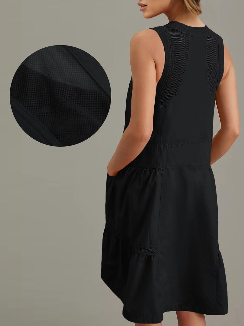 Fisoew Women's Sleeveless Tank Mini Dress Casual Half Zip V Neck Loose Mesh Back Utility Summer Dresses with Pockets Black - Image 3