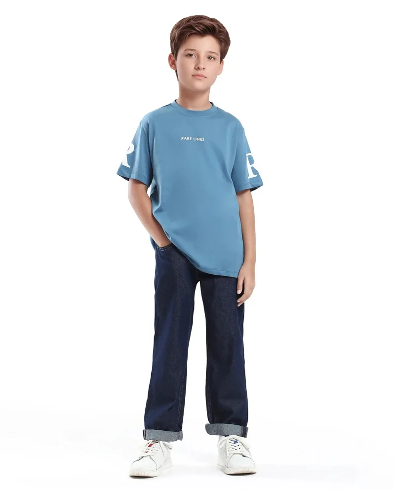 Rare Ones Rare Ones Kids Flux Dusky Blue Cotton Blend Half Sleeve Slip-On Printed Regular Fit T-Shirt