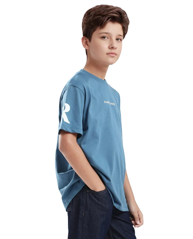 Rare Ones Rare Ones Kids Flux Dusky Blue Cotton Blend Half Sleeve Slip-On Printed Regular Fit T-Shirt