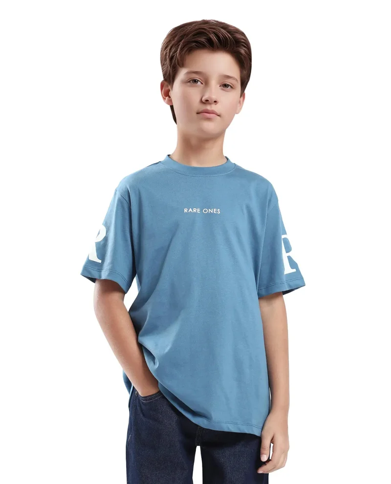 Rare Ones Rare Ones Kids Flux Dusky Blue Cotton Blend Half Sleeve Slip-On Printed Regular Fit T-Shirt