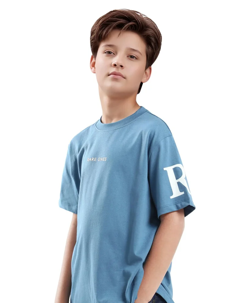 Rare Ones Rare Ones Kids Flux Dusky Blue Cotton Blend Half Sleeve Slip-On Printed Regular Fit T-Shirt