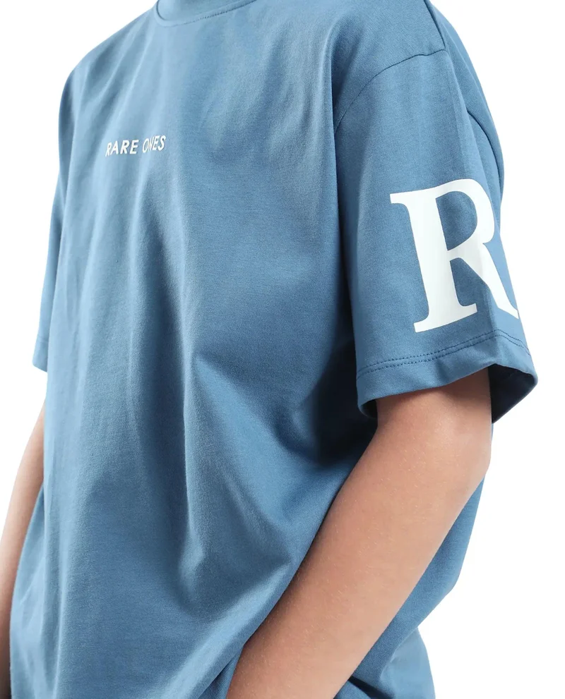 Rare Ones Rare Ones Kids Flux Dusky Blue Cotton Blend Half Sleeve Slip-On Printed Regular Fit T-Shirt