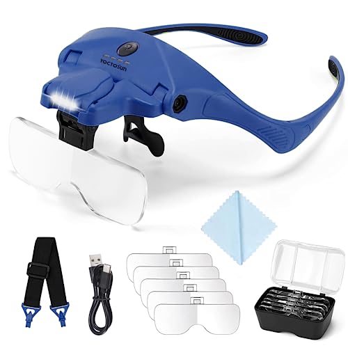 YOCTOSUN Magnifying Glasses with Light, Hands Free Headband Magnifier with 4 LED Lights and 5 Detachable Lenses 1X to 3.5X,Rechargeable Head Magnifier Glasses for Crafts, Hobby, Close Work - Image 1