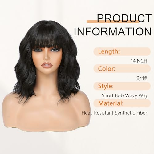 AGO Natural Black Wigs with Bangs Short Bob Wig Shoulder Length Synthetic Hair for Women Girl Loose Wavy Wig Heat Resistant Fiber Hair for Daily Party Halloween Cosplay Use24Black - Image 3