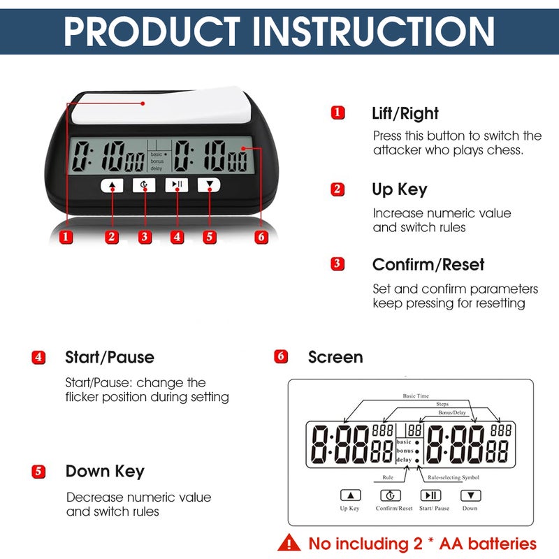 هاسذيب مؤقت ساعة الشطرنج الرقمي HASTHIP ®، مؤقت الشطرنج لألعاب الطاولة، مؤقت الشطرنج الاحترافي مع وظيفة العد التنازلي لتأخير المكافأة، البطاريات غير مشمولة - Image 3
