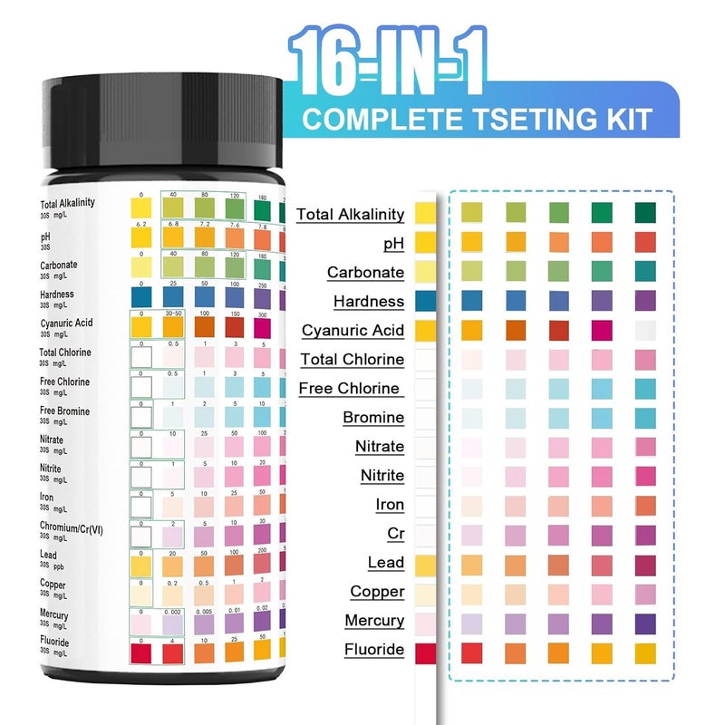 (100pieces)16 in 1 Drinking Water Quality Test Strips for Professional Home Water Quality Test Kit, Drinking Water, Pool, Swimming Pool, Industrial Water, Hospital Water and Spa Test Strips - Image 2