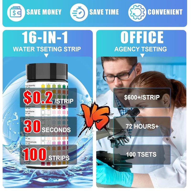 (100pieces)16 in 1 Drinking Water Quality Test Strips for Professional Home Water Quality Test Kit, Drinking Water, Pool, Swimming Pool, Industrial Water, Hospital Water and Spa Test Strips - Image 4