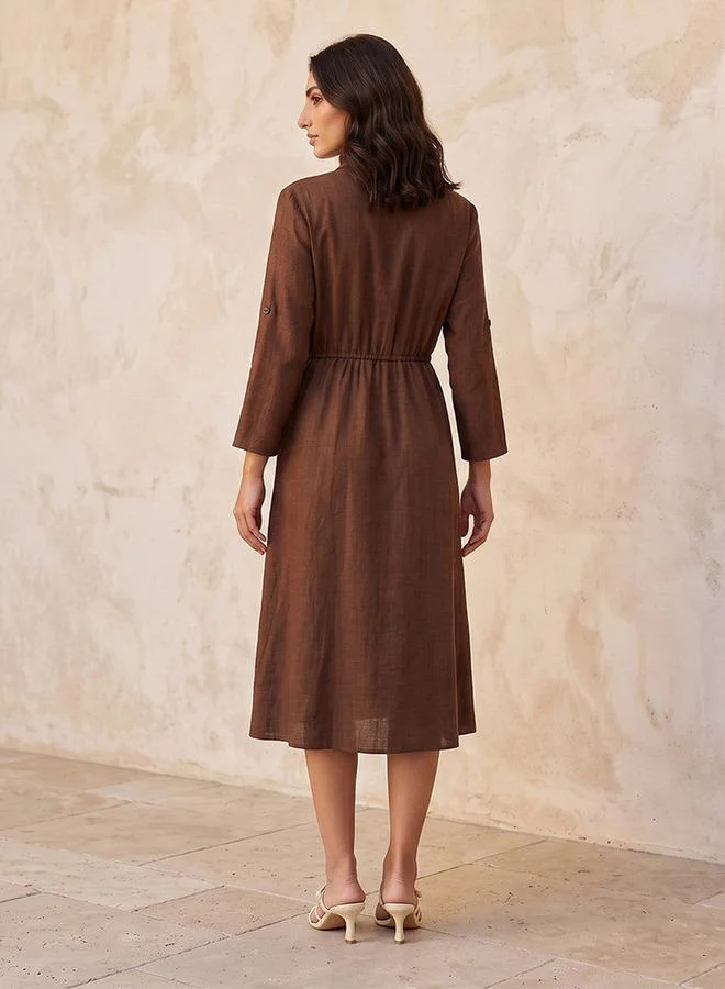 Splash FAV Fav Linen Midi Shirt Dress with Roll-Up Sleeves
