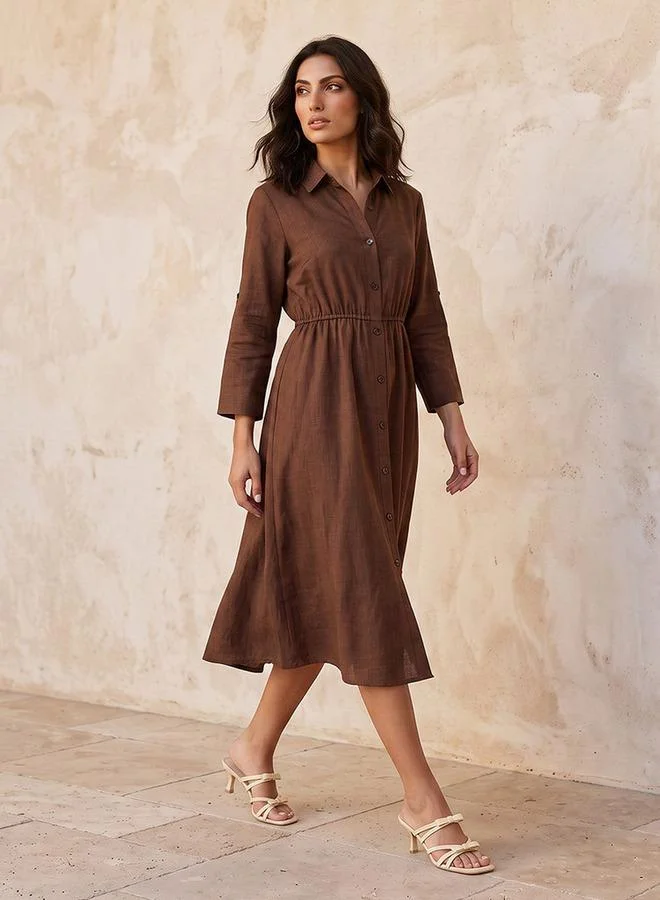 Splash FAV Fav Linen Midi Shirt Dress with Roll-Up Sleeves