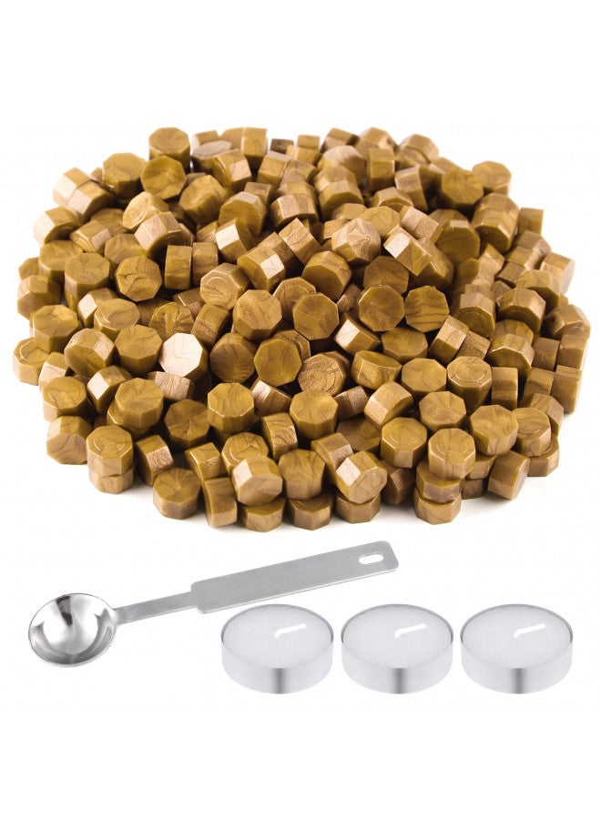 FEPITO 300 Pcs Octagon Sealing Wax Beads with 3 Pcs Tea Candles and 1 Pcs Wax Melting Spoon for Wax Stamp Sealing (Gold) - Image 1